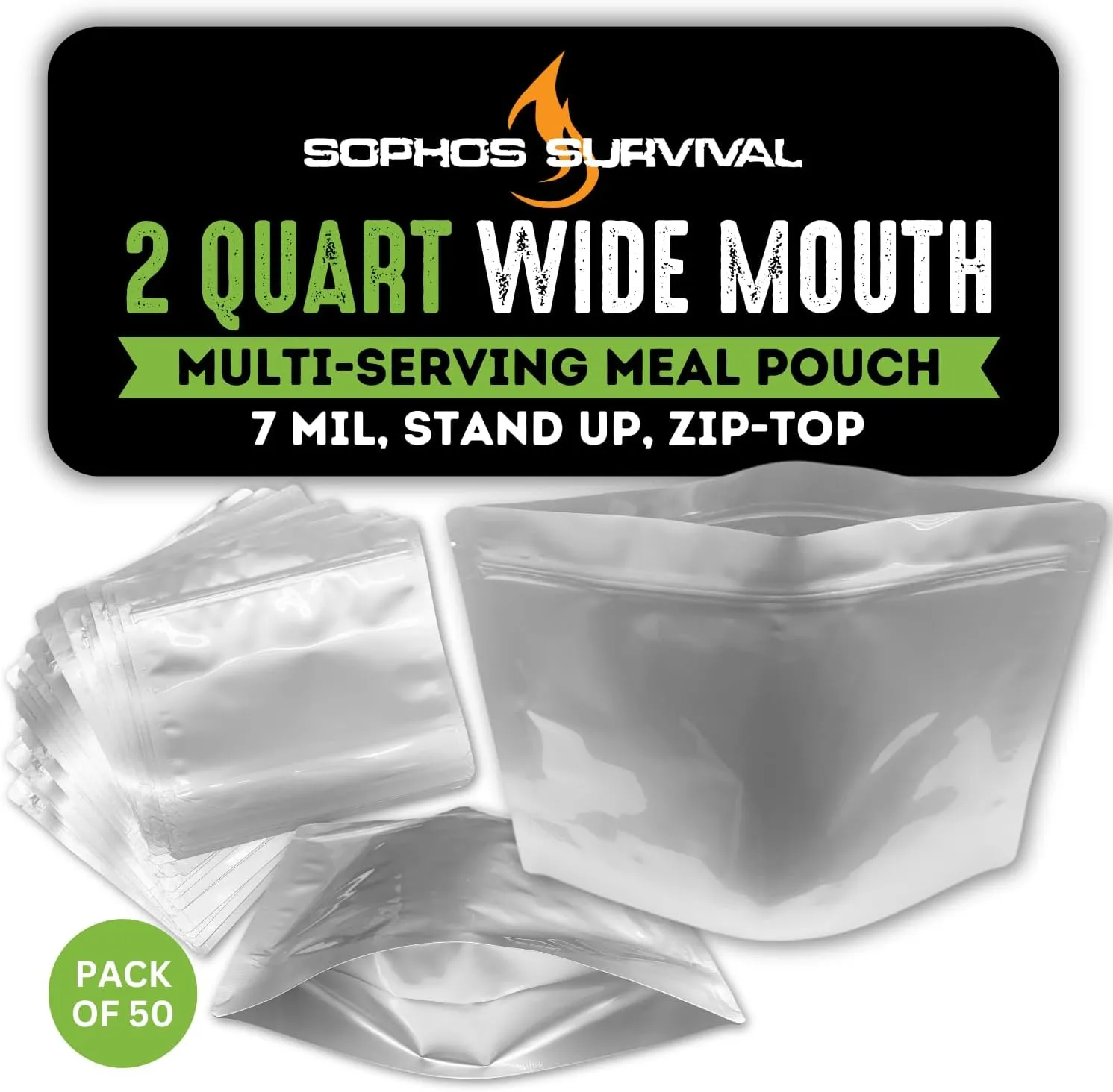 50 Mylar Bags for Food Storage, Airtight 7-Mil Thick Gusseted Zip Lock, Long Term, Reusable, Emergency Food Supply & Freeze Dryer Bags - 2 Quart 10.5x9.5 Inch