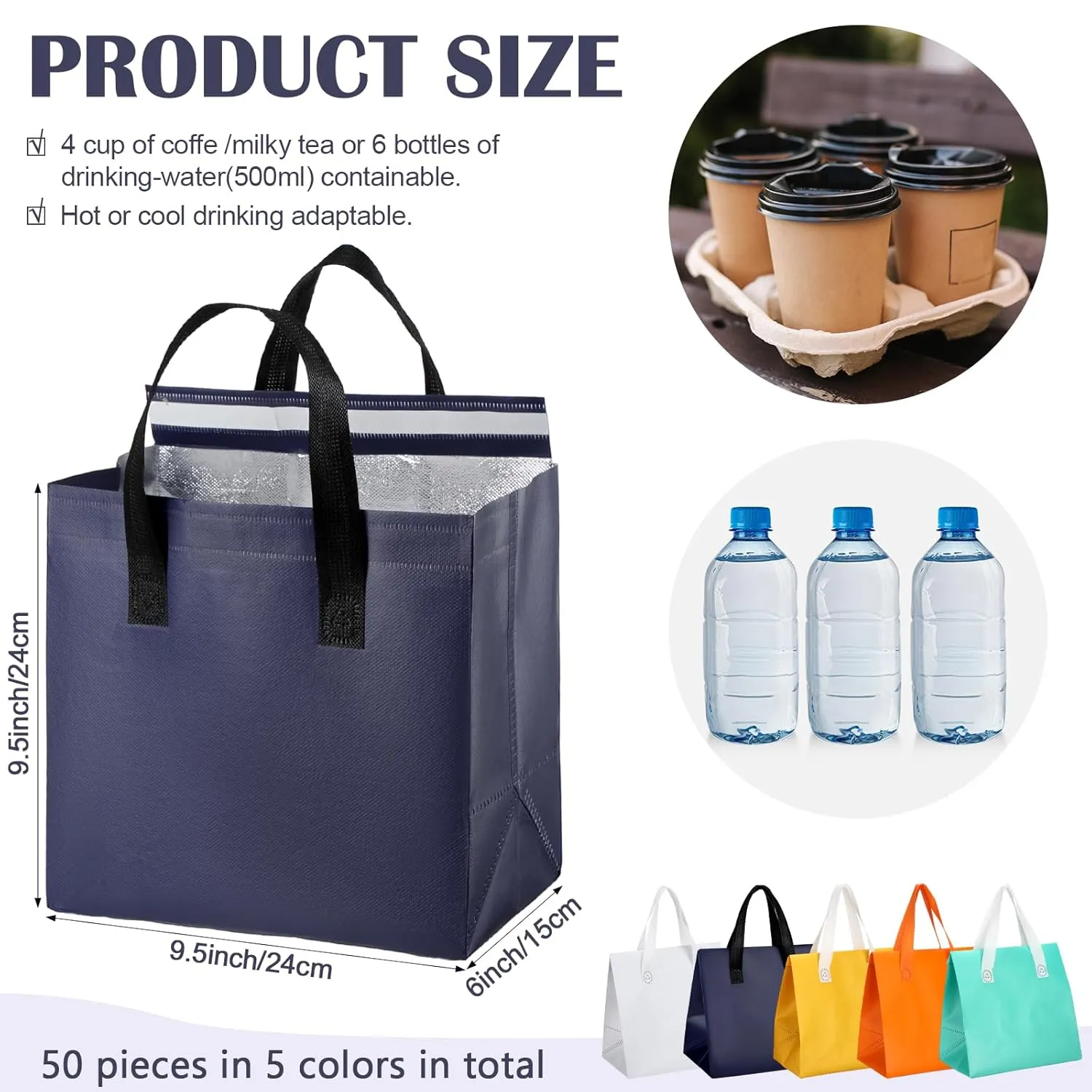 50 Pcs Insulated Take Away Bags Bulk Thermal Insulation Food for Coffee Milk Tea Hot Cold Food Fresh Seafood Cooler Pizza Delivery Bags for Catering Restaurant Grocery (Colorful)