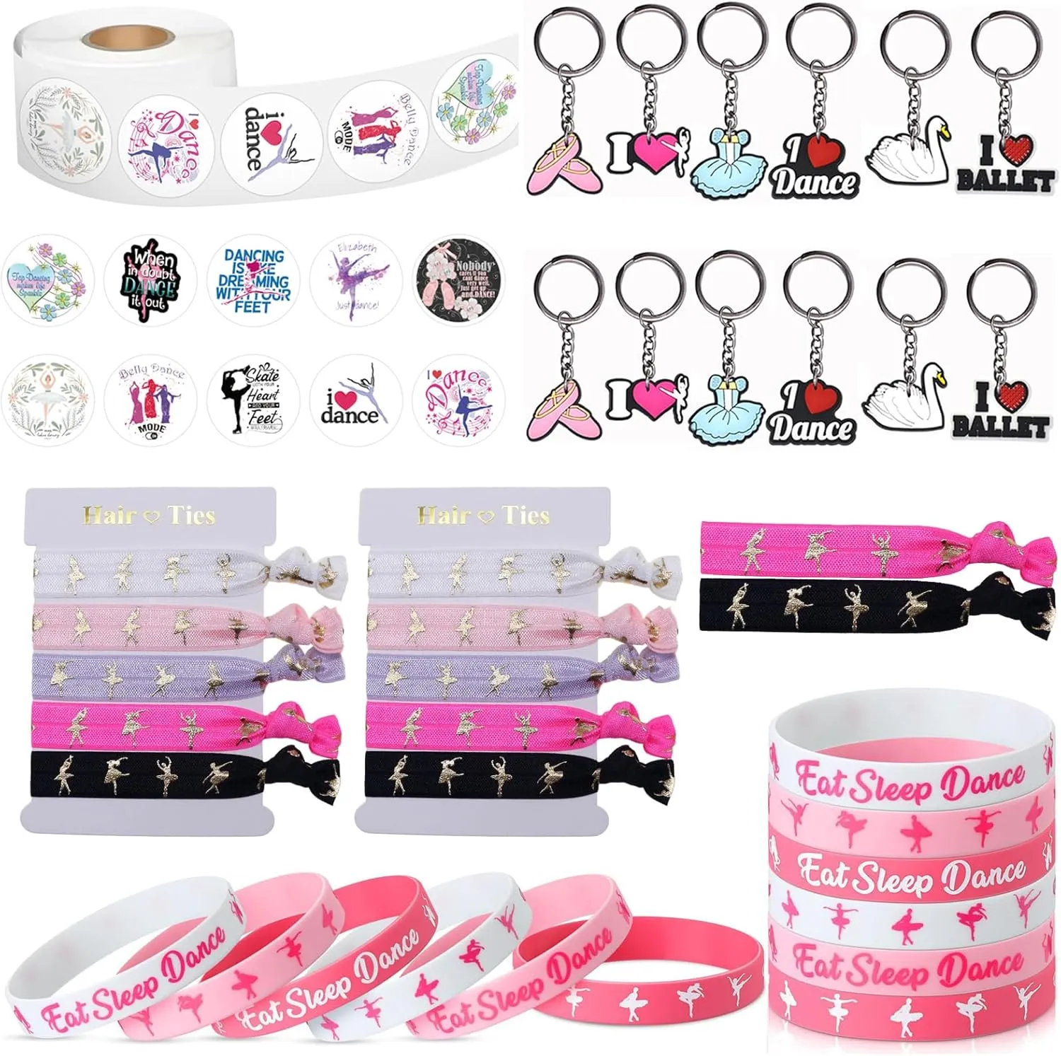 536Pcs Ballet Dance Party Favors Ballerina Themed Birthday Party Supplies Include Silicone Bracelets, Keychains, Hair Ties and Stickers for Kids Girls Dancers Party Decorations