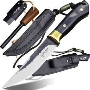 5mm 9CR18MOV steel (10.4IN) ebony copper handle full Tang fixed knife scabbard &(5.9IN) iron cerium igniter, suitable for outdoor hunting, camping, survival, tactics, EDC tool knife