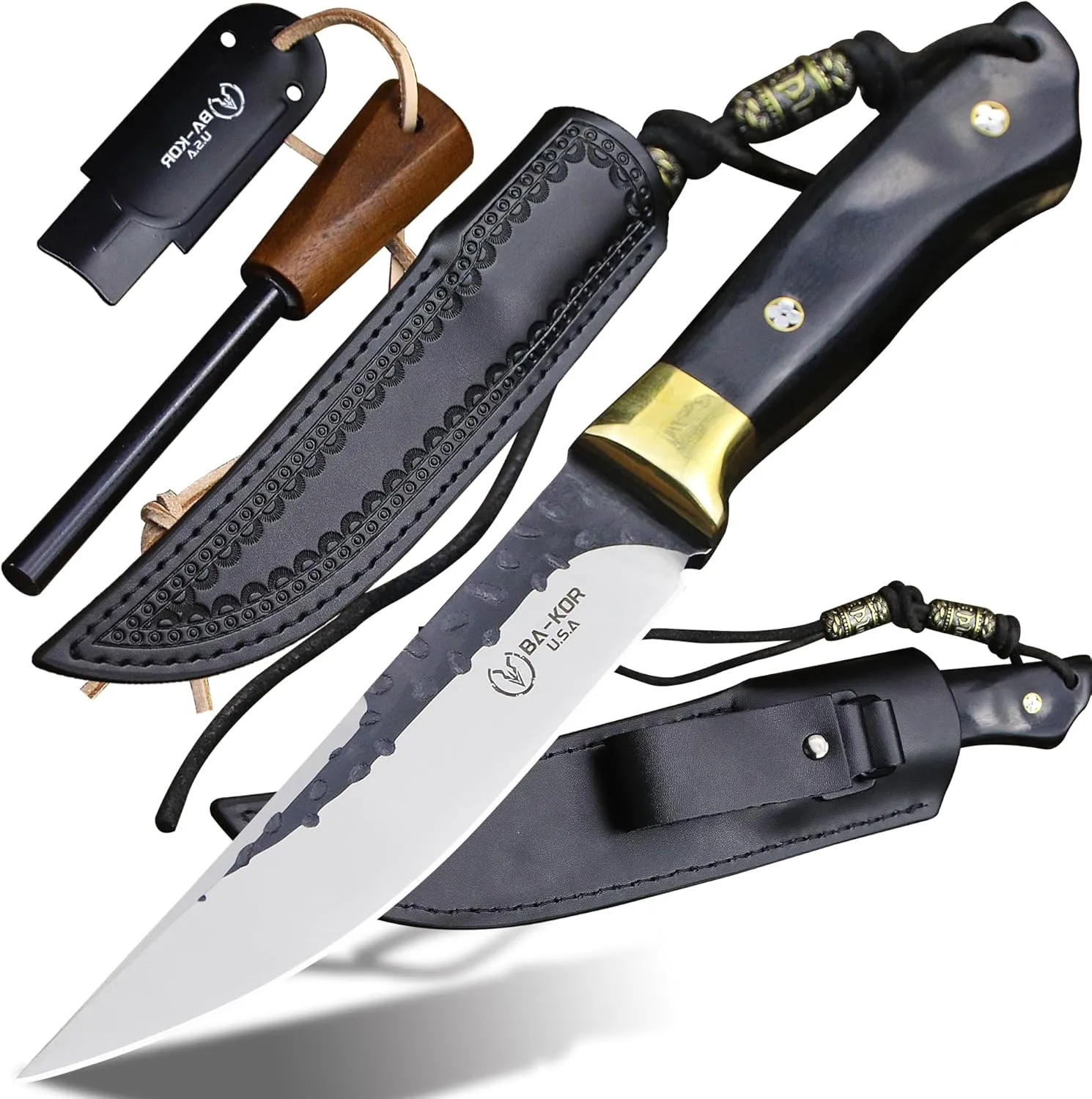 5mm 9CR18MOV steel (10.4IN) ebony copper handle full Tang fixed knife scabbard &(5.9IN) iron cerium igniter, suitable for outdoor hunting, camping, survival, tactics, EDC tool knife