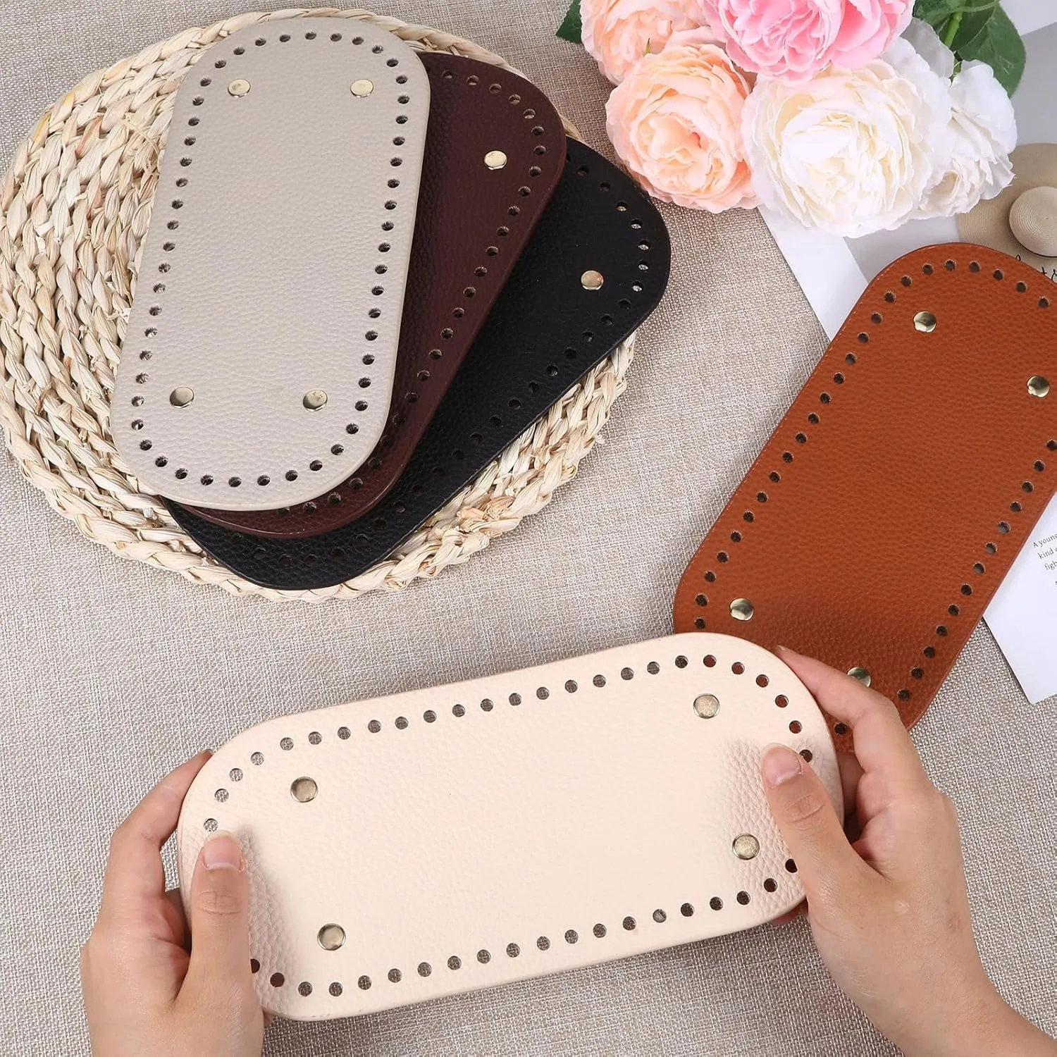5pcs 3.9 x 11.8 Inch Long Oval Purse Bottoms for Crochet Bags, 5 Colors Pu Crochet Bag Bottom, with Hole Base Shaping Pads, for DIY Making, Purse, Wallets, Tote, Handbag, Craft Making