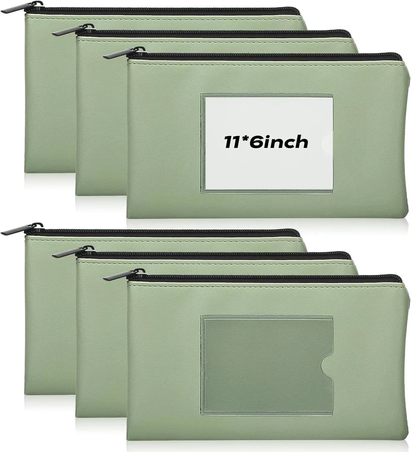 6 Pack Money Bags With Zipper Green Cash Envelopes 11×6 inch PU Leather Cash Bag Check Wallet Receipt Holder Durable Security Money Pouch Large Bank Deposit Bag with Label For Coins Cosmetics Invoice