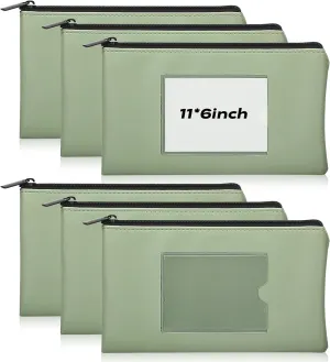 6 Pack Money Bags With Zipper Green Cash Envelopes 11×6 inch PU Leather Cash Bag Check Wallet Receipt Holder Durable Security Money Pouch Large Bank Deposit Bag with Label For Coins Cosmetics Invoice