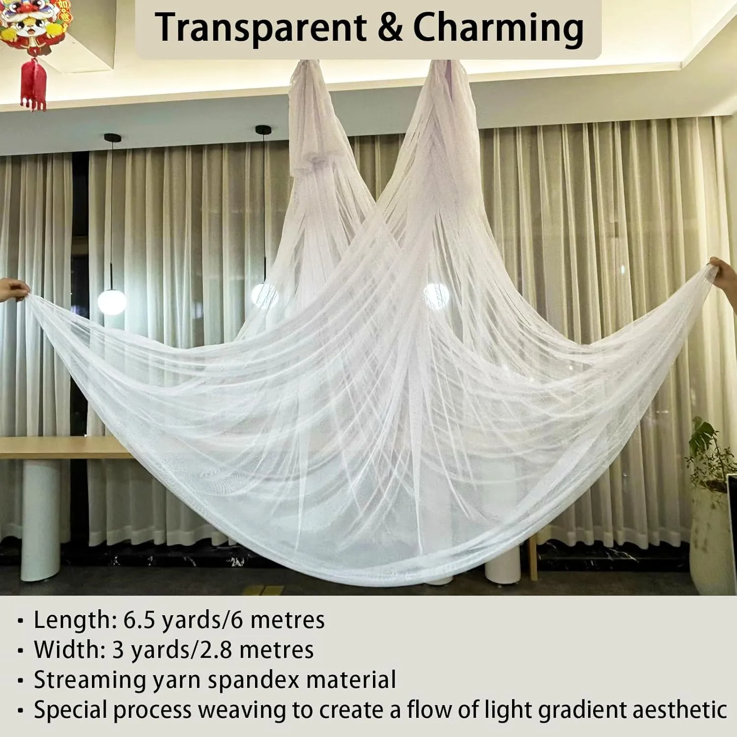 6.5 Yards Transparent Aerial Yoga Hammock Kit Inelastic Photography Art Performance Circus Yoga Hammock with Hardware Daisy Chain
