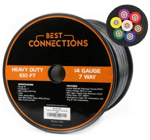 7 Way Trailer Wire (100 Feet) Heavy Duty 14 Gauge 7 Conductor Insulated Cable Durable, Weatherproof, Color-Coded 7 Way Wiring Extension for RV and Automotive