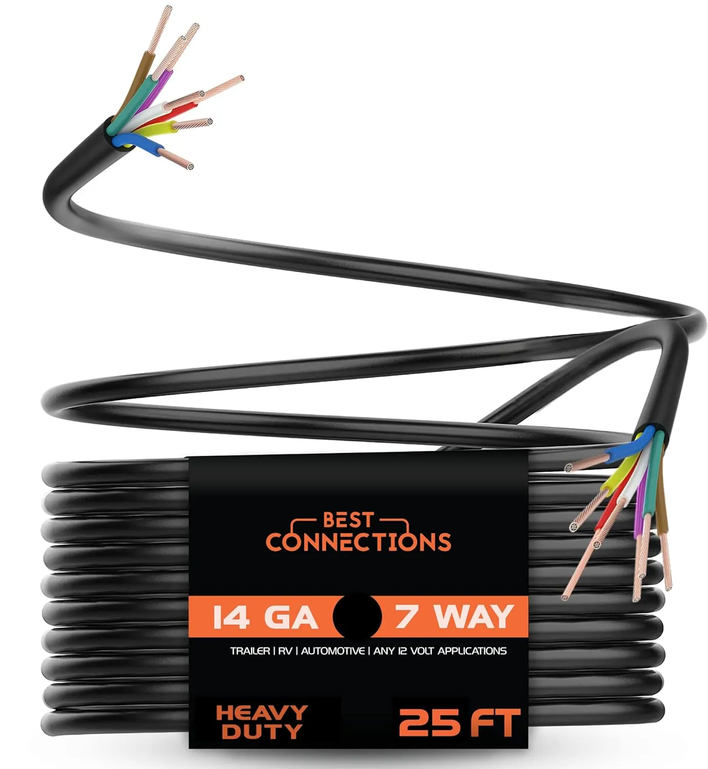 7 Way Trailer Wire (25 Feet) Heavy Duty 14 Gauge 7 Conductor Insulated Cable Durable, Weatherproof, Color-Coded 7 Way Trailer Wiring Extension for RV Trailer and Automotive