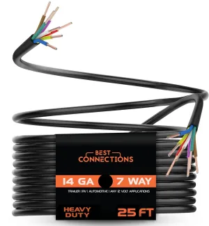 7 Way Trailer Wire (25 Feet) Heavy Duty 14 Gauge 7 Conductor Insulated Cable Durable, Weatherproof, Color-Coded 7 Way Trailer Wiring Extension for RV Trailer and Automotive