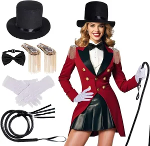 7Pcs Circus Ringmaster Costume Women Men Halloween Circus Costume Accessories Adult Ringmaster Costume for Halloween Party Cosplay Black, White