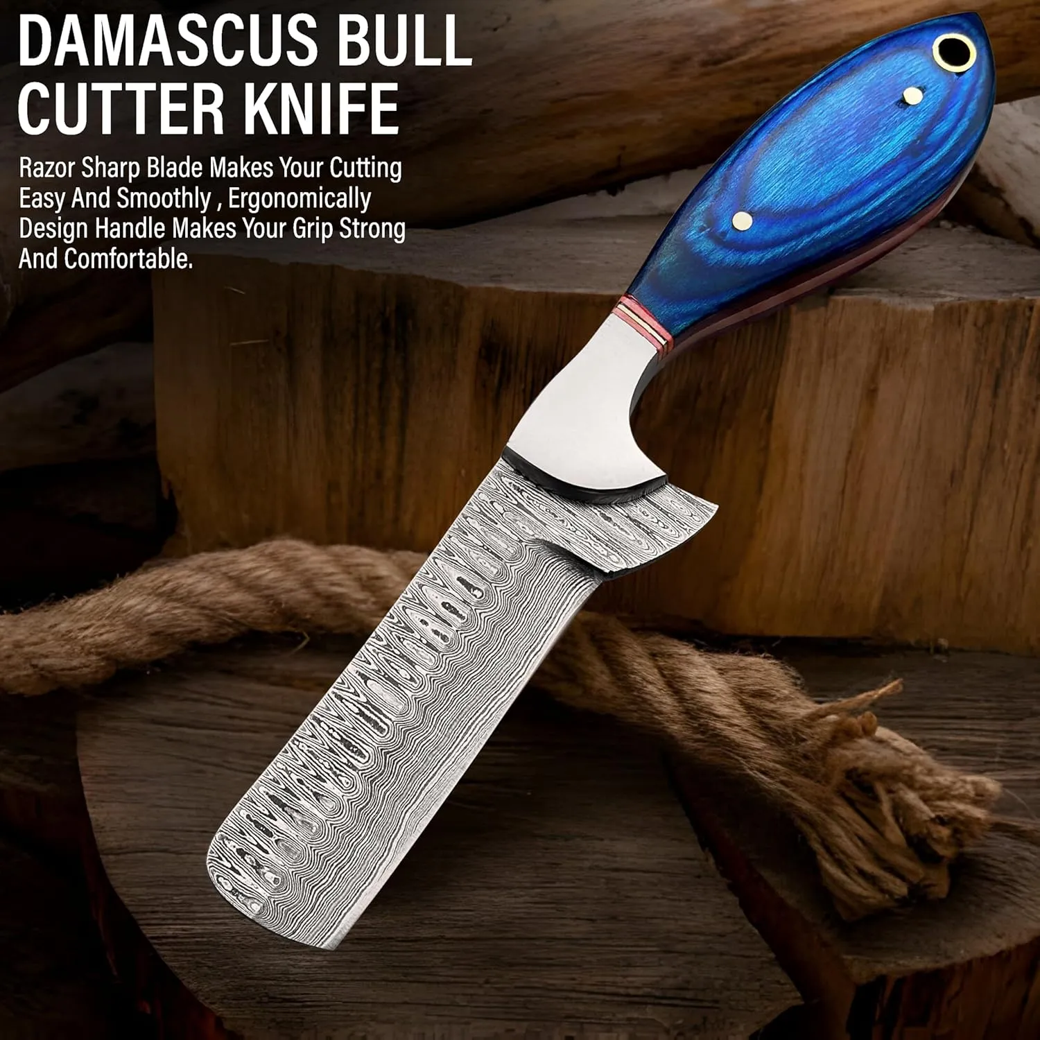 7" Handmade Damascus Bull cutter knife with Real Leather Sheath,Fixed Blade Hunting Knife,Camping,Skinning Tool,Outdoor activities and gifting its a unique product for unique buyer. (Blue)