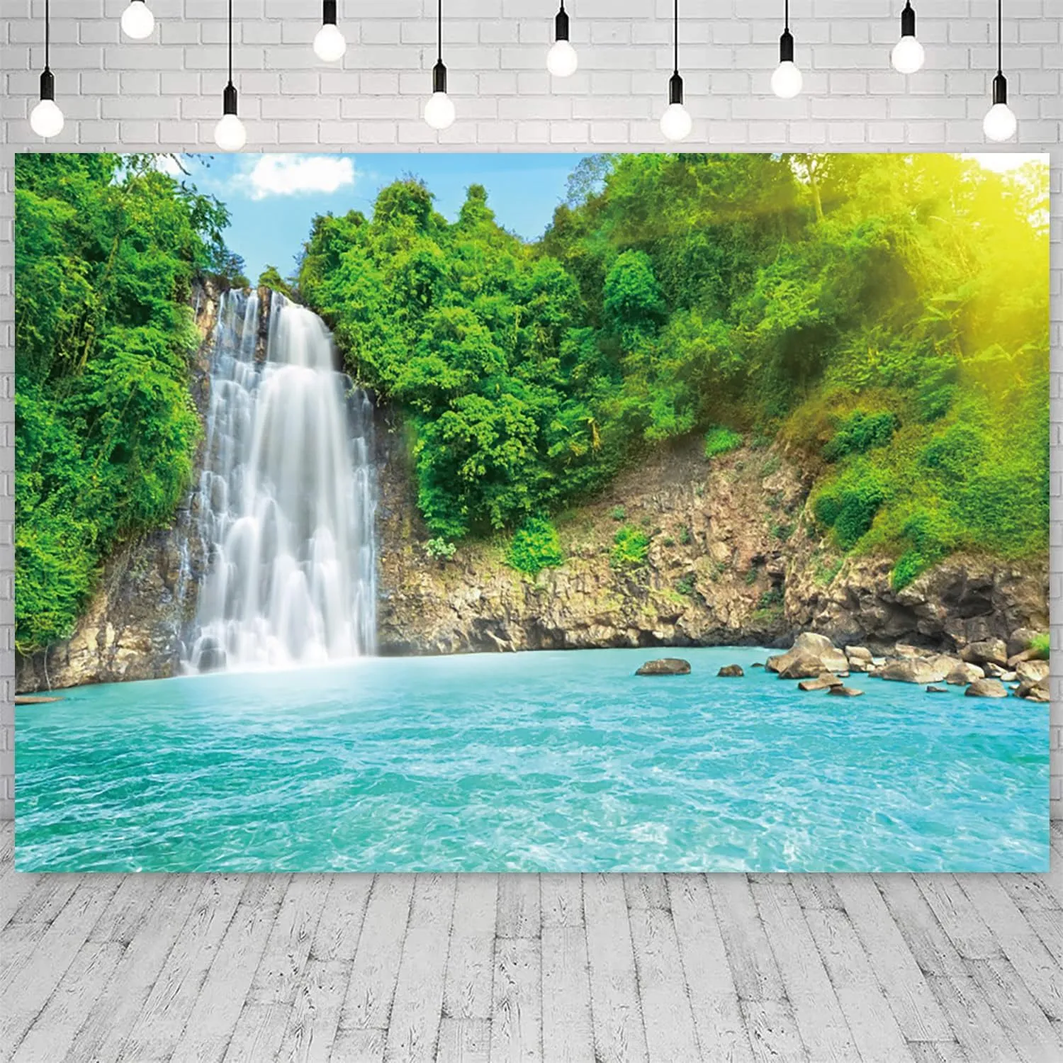 7x5ft Landscape Backdrop Waterfall Nature Scenery Green Trees Sunrise River Photography Background Camping Picnic Decorations Travel Portrait Wallpaper Banner Photo Studio Props