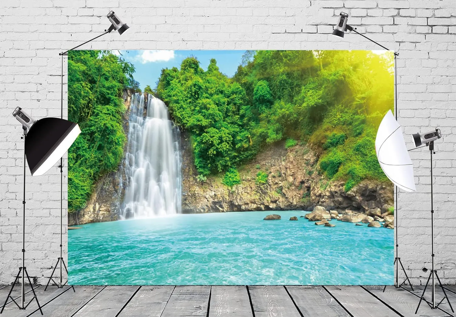 7x5ft Landscape Backdrop Waterfall Nature Scenery Green Trees Sunrise River Photography Background Camping Picnic Decorations Travel Portrait Wallpaper Banner Photo Studio Props