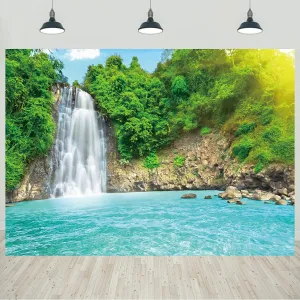7x5ft Landscape Backdrop Waterfall Nature Scenery Green Trees Sunrise River Photography Background Camping Picnic Decorations Travel Portrait Wallpaper Banner Photo Studio Props