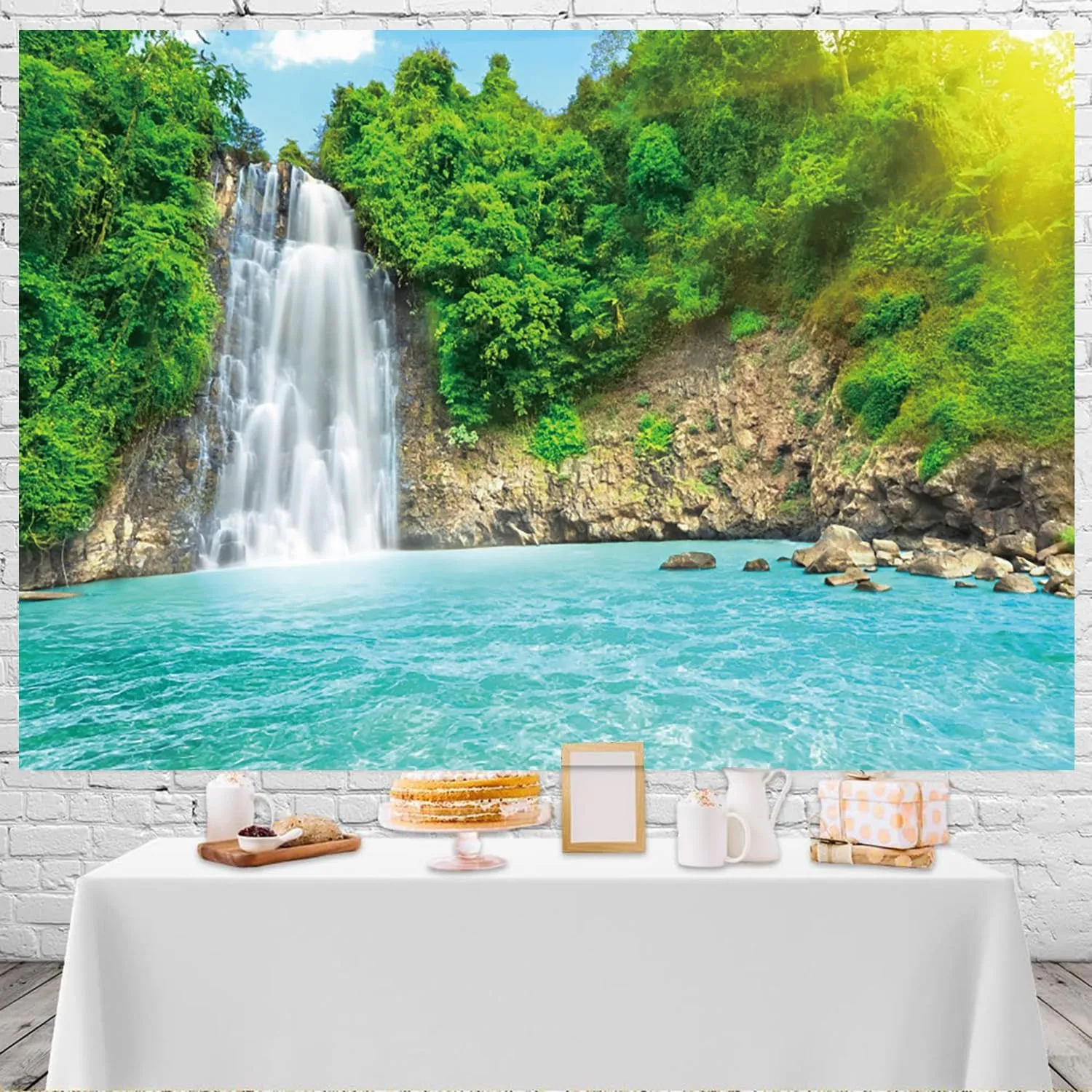 7x5ft Landscape Backdrop Waterfall Nature Scenery Green Trees Sunrise River Photography Background Camping Picnic Decorations Travel Portrait Wallpaper Banner Photo Studio Props