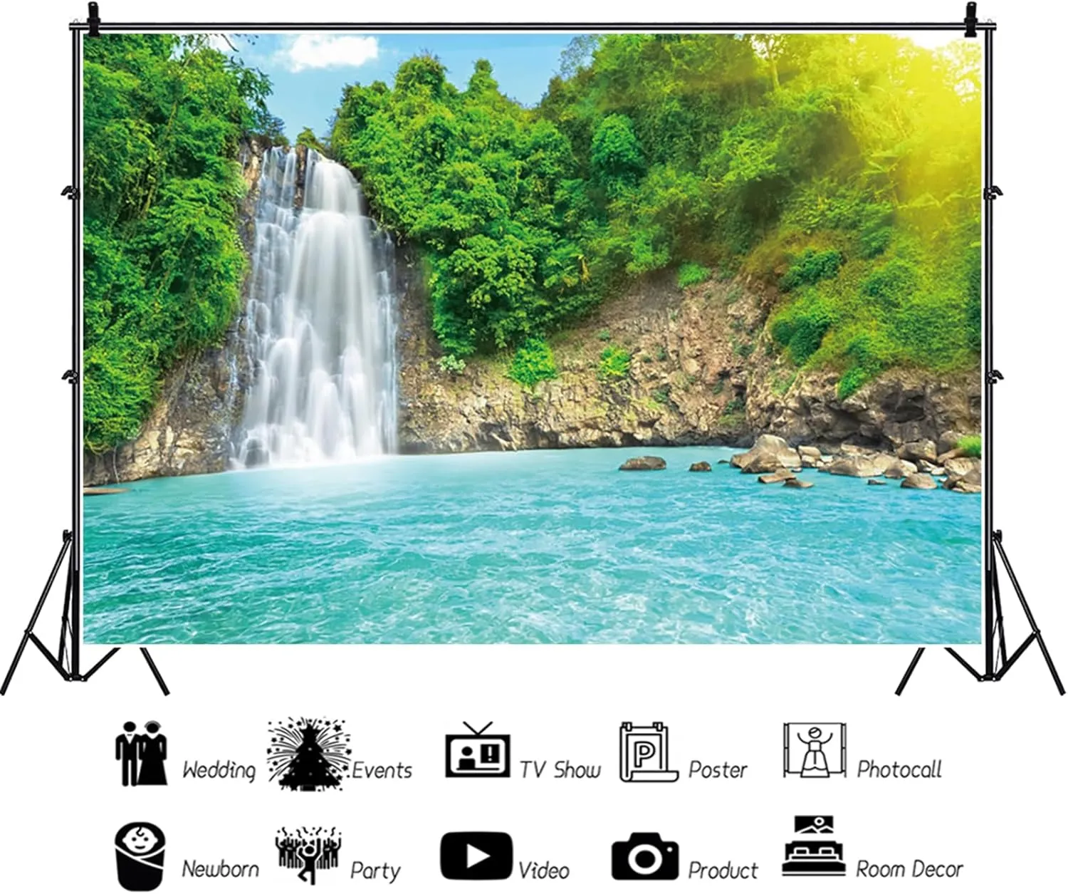 7x5ft Landscape Backdrop Waterfall Nature Scenery Green Trees Sunrise River Photography Background Camping Picnic Decorations Travel Portrait Wallpaper Banner Photo Studio Props