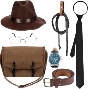 8 Pieces Halloween Accessories for Indiana Men Jones Halloween Cos Cowboy Outfits Including Hat Whip Tie Belt Whip Holder Watch Bag