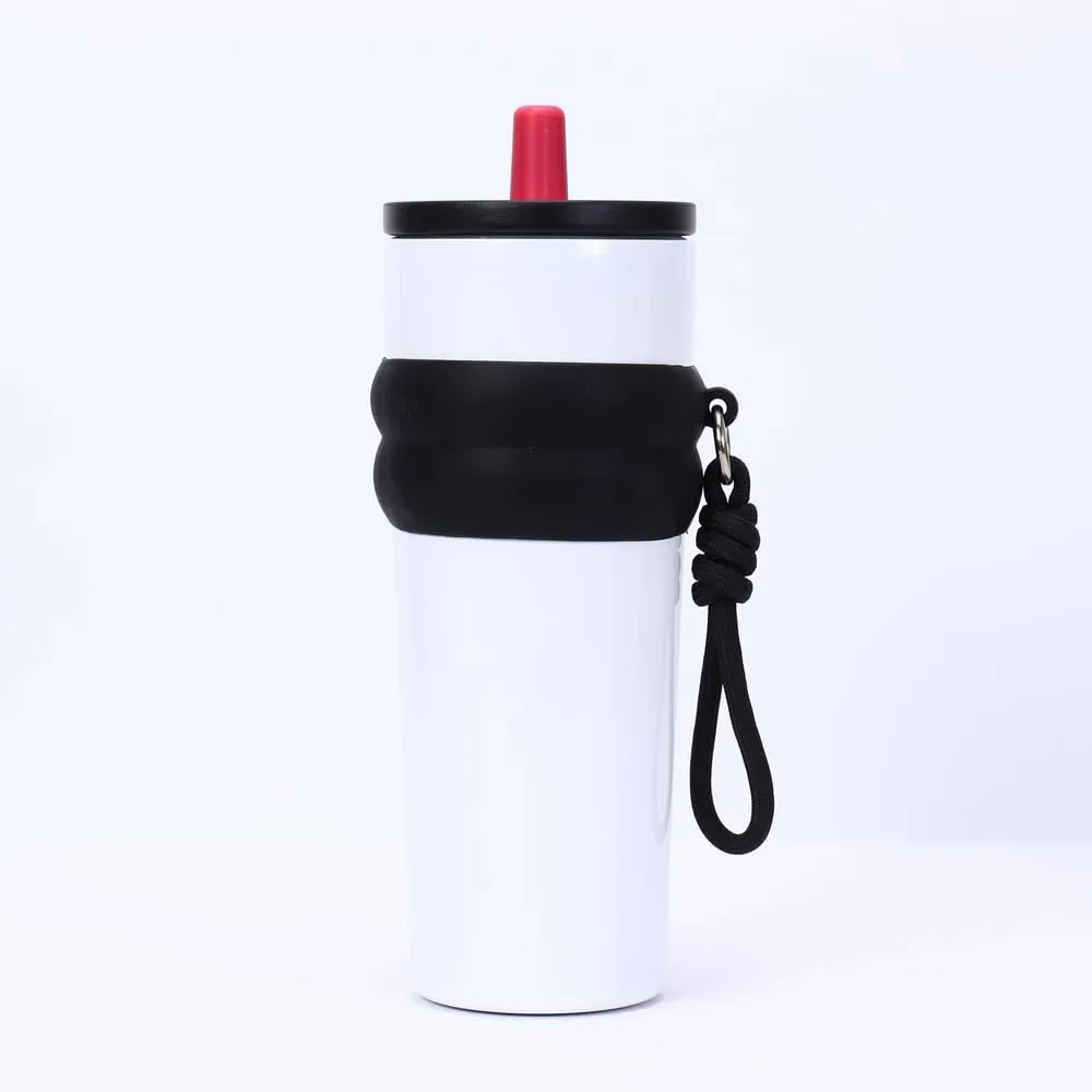 800ml Large Capacity 304 Stainless Steel Insulated Water Bottle, Portable Outdoor Straw Cup, Non-Slip, Leak-Proof, Car Cup (White&Black)