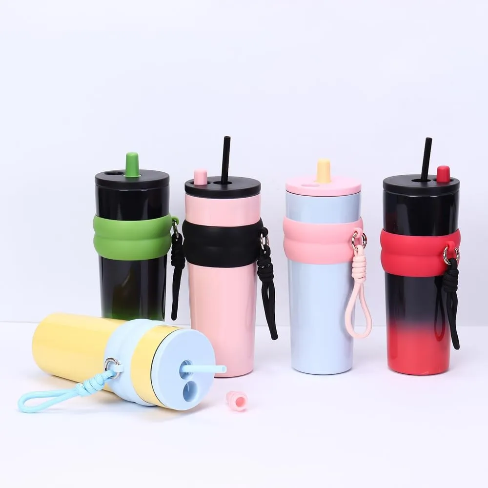 800ml Large Capacity 304 Stainless Steel Insulated Water Bottle, Portable Outdoor Straw Cup, Non-Slip, Leak-Proof, Car Cup (White&Black)