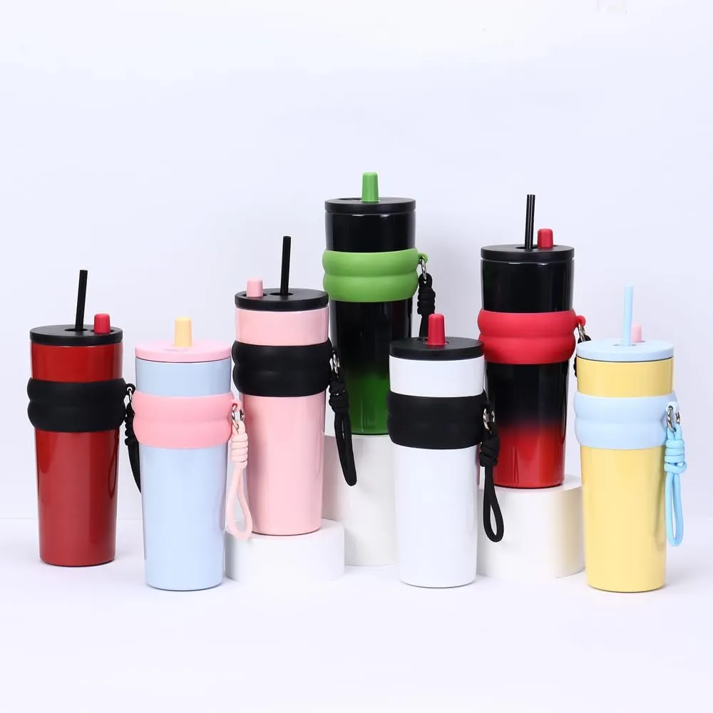 800ml Large Capacity 304 Stainless Steel Insulated Water Bottle, Portable Outdoor Straw Cup, Non-Slip, Leak-Proof, Car Cup (White&Black)