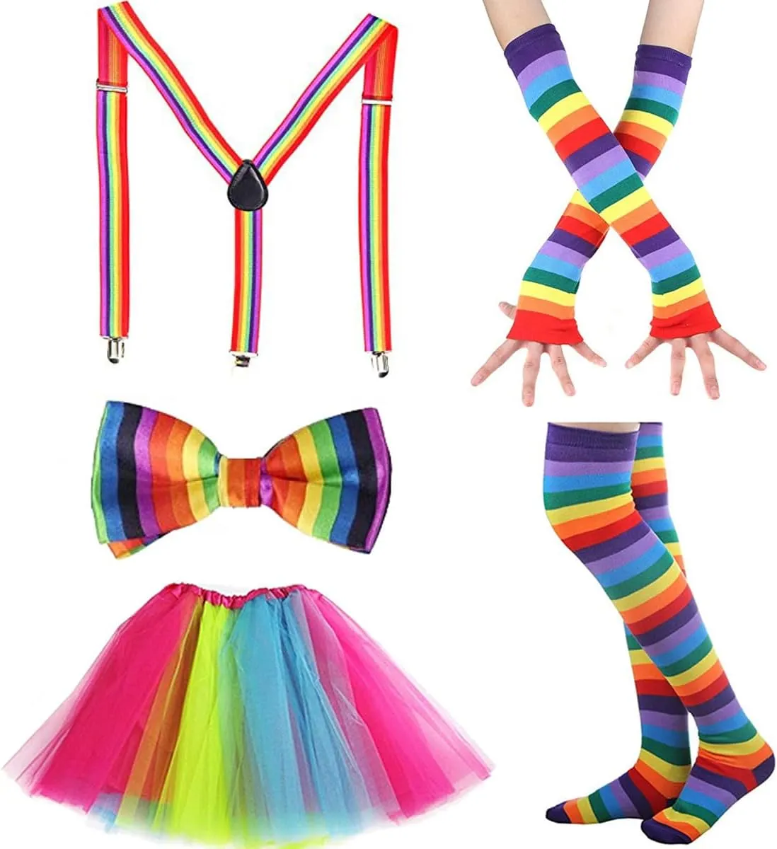 80s Costume Neon Outfits Accessories Set Women Fancy Dress Rainbow Tutu Leg Glove Necklace Headband Earring Glasses