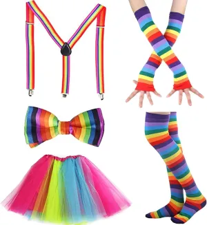80s Costume Neon Outfits Accessories Set Women Fancy Dress Rainbow Tutu Leg Glove Necklace Headband Earring Glasses
