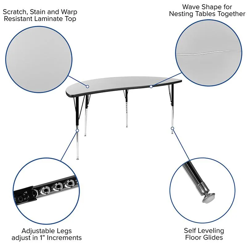 86'' Oval Wave Activity Table Set with 18'' Student Stack Chairs, Grey/Black - Flash Furniture