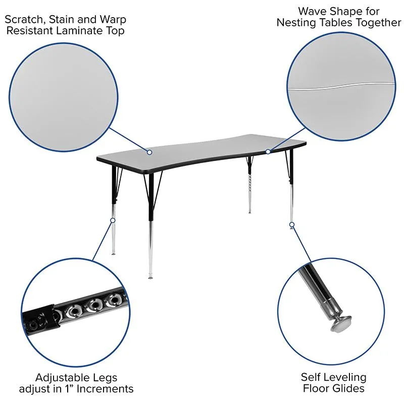 86'' Oval Wave Activity Table Set with 18'' Student Stack Chairs, Grey/Black - Flash Furniture
