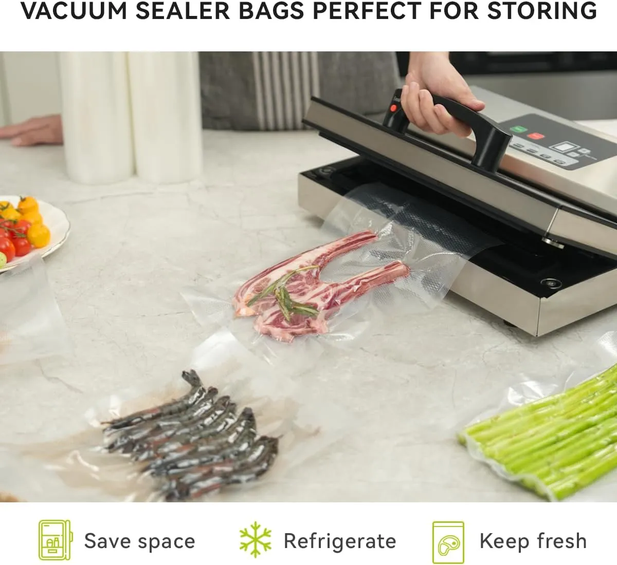 8" x 50' Vacuum Sealer Rolls, 2 Pack with 5 Liquid Block Bags, Perfect for Food Storage, Sous Vide, and Meal Preparation, Lock Fresh and Nutrients