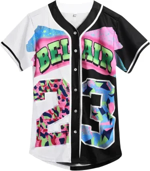90s Clothing for Women,Unisex Hip Hop Outfit for Party,Bel Air Baseball Jersey,Short Sleeve Button Down Shirt
