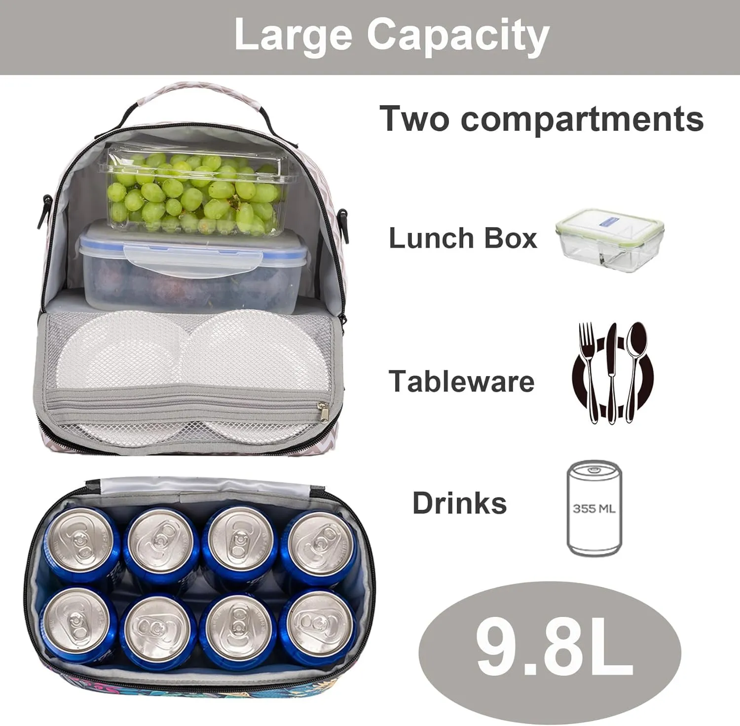 9.8L Insulated Lunch Bag for Women, Double Deck Lunch Box Leakproof Lunch Cooler Tote for Women Men Work (Wavy)