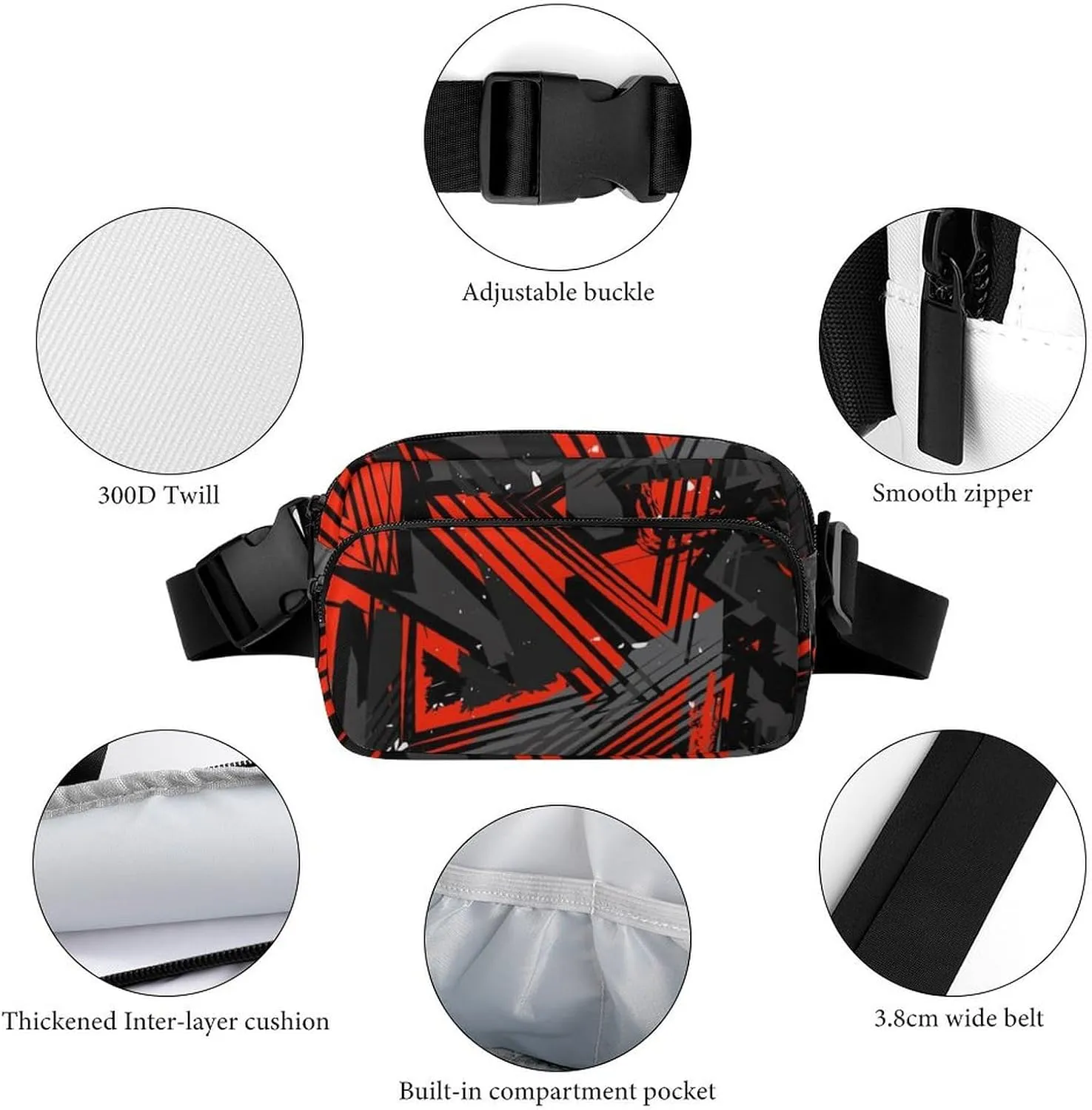 Abstract Triangle Geometry Belt Bag Fanny Pack for Women Men Red And Grey Crossbody Waist Bag Pack Adjustable Casual Bag for Travel Running Workout Cycling
