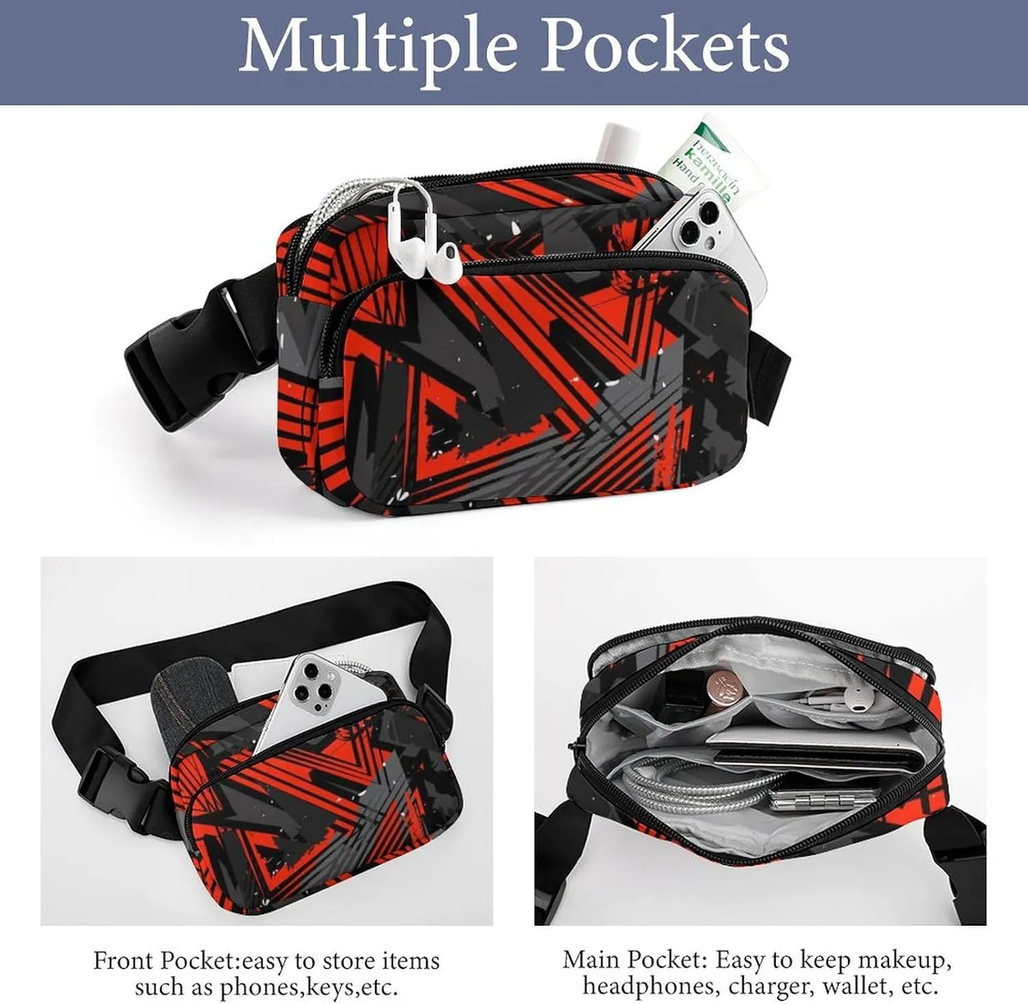 Abstract Triangle Geometry Belt Bag Fanny Pack for Women Men Red And Grey Crossbody Waist Bag Pack Adjustable Casual Bag for Travel Running Workout Cycling
