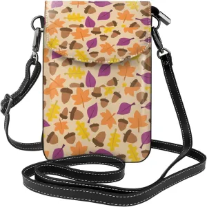 Acorn Autumn Fall Leaf Leaves Print Small Crossbody Bags for Women Leather Cell Phone Purses Mini Leather Shoulder Handbag Adjustable Strap