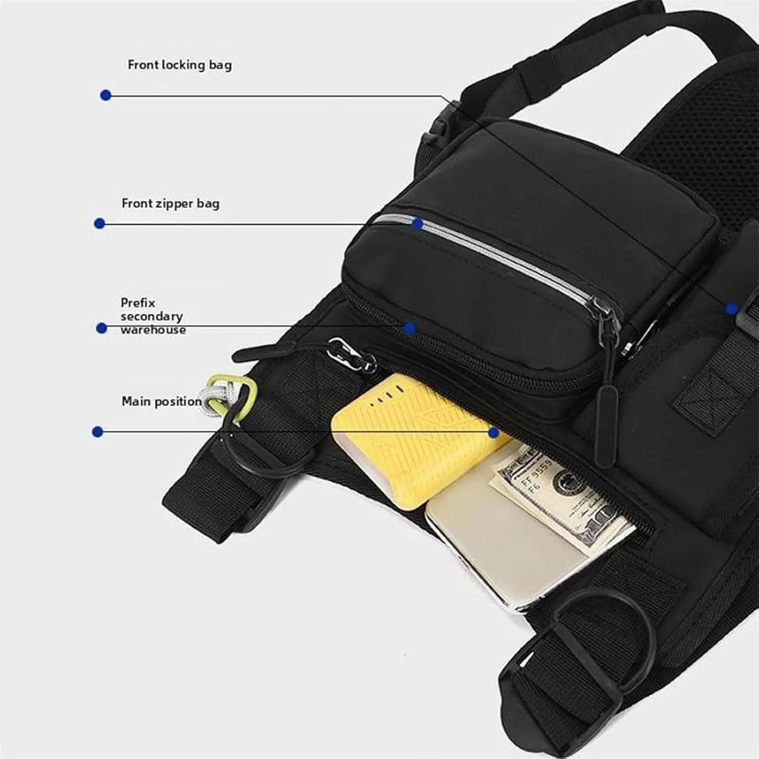 Adjustable Zipper Multi-Functional Tactical Chest Bag, Wear-Resistant Multifunctional Vest with 3D Cut, for Hiking Gym (Black)
