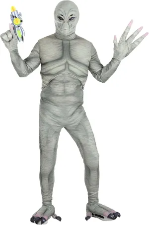 Adult Alien Costume | Men's Roswell Alien Jumpsuit with Grey Extraterrestrial Mask, Gloves & Shoe Covers for Humans