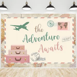 Adventure Awaits Backdrop World Map Let The Adventure Begin Global Travel Airplane Background Photography Banner for Baby Shower Birthday Party Decorations Photo Photobooth Props 7x5ft