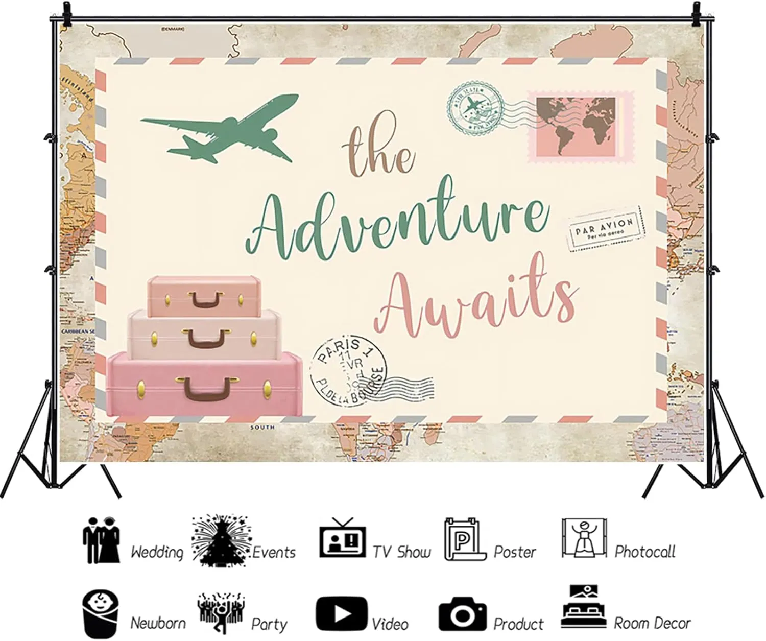 Adventure Awaits Backdrop World Map Let The Adventure Begin Global Travel Airplane Background Photography Banner for Baby Shower Birthday Party Decorations Photo Photobooth Props 7x5ft