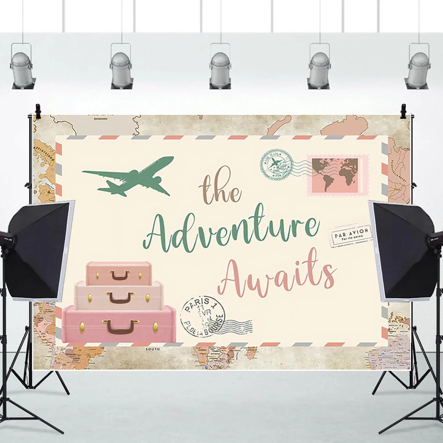 Adventure Awaits Backdrop World Map Let The Adventure Begin Global Travel Airplane Background Photography Banner for Baby Shower Birthday Party Decorations Photo Photobooth Props 7x5ft
