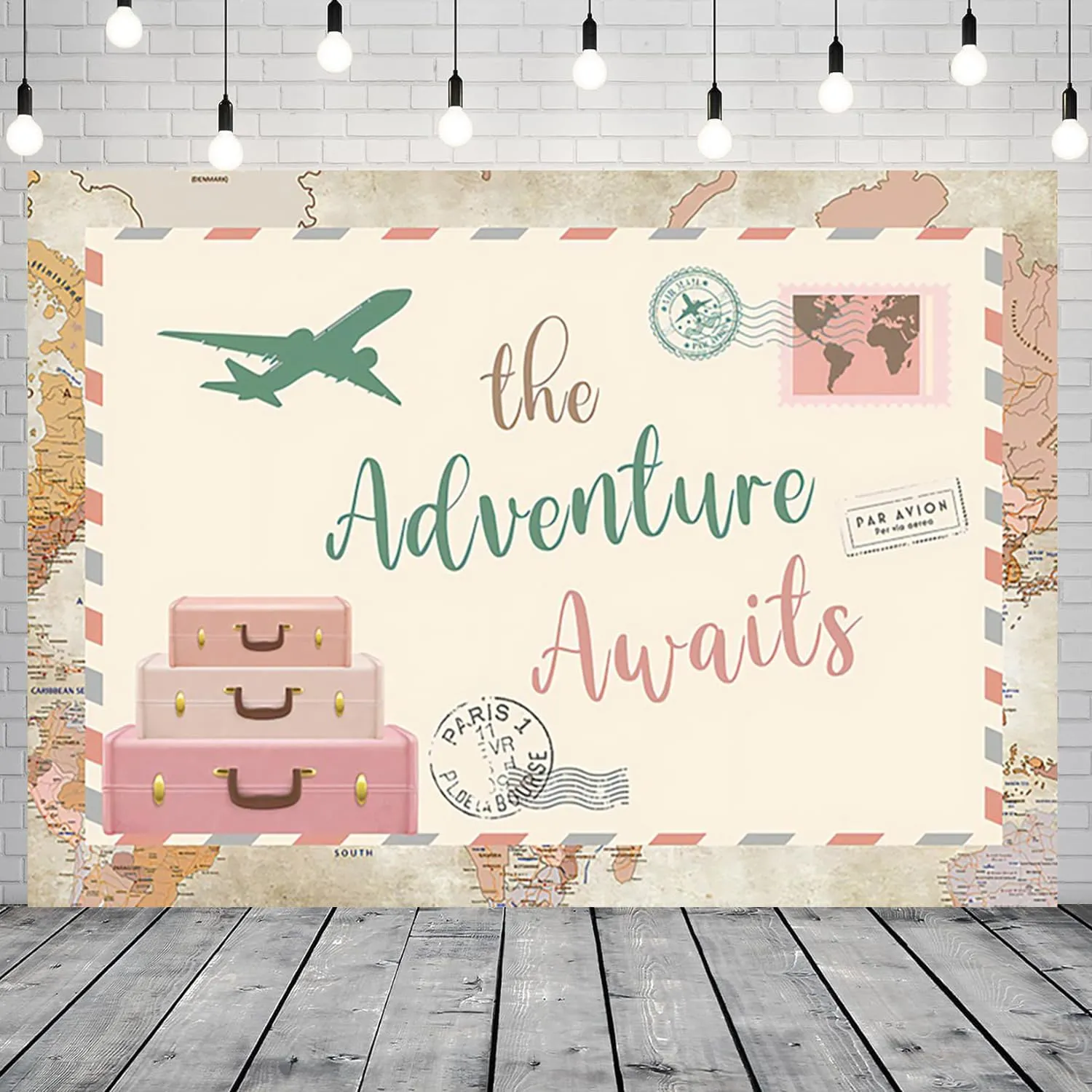 Adventure Awaits Backdrop World Map Let The Adventure Begin Global Travel Airplane Background Photography Banner for Baby Shower Birthday Party Decorations Photo Photobooth Props 7x5ft
