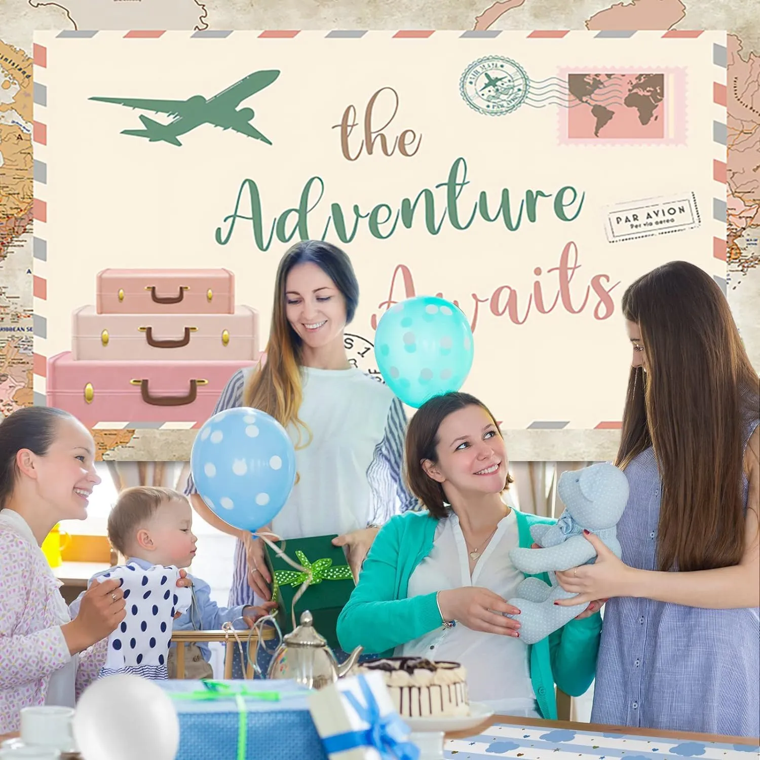 Adventure Awaits Backdrop World Map Let The Adventure Begin Global Travel Airplane Background Photography Banner for Baby Shower Birthday Party Decorations Photo Photobooth Props 7x5ft