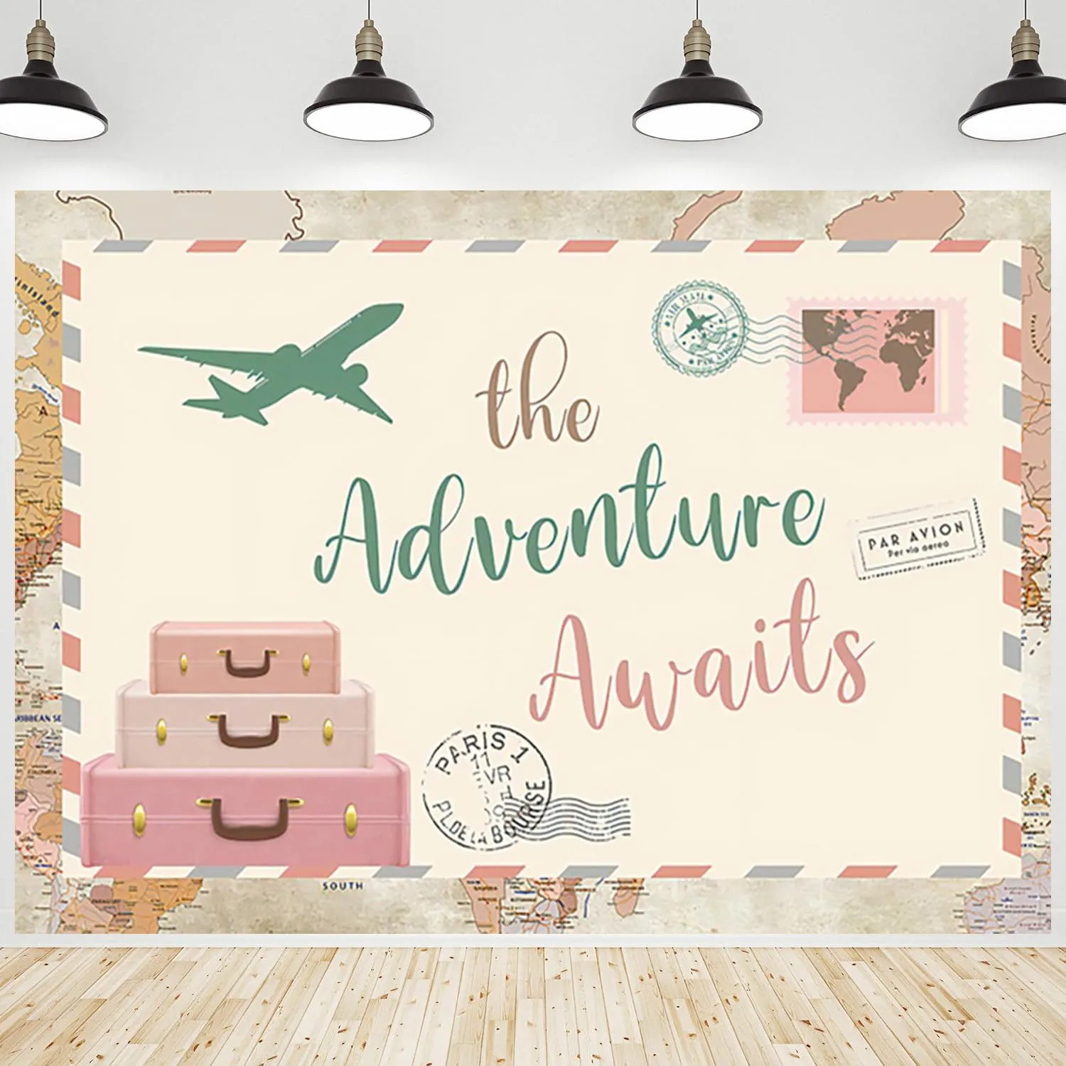 Adventure Awaits Backdrop World Map Let The Adventure Begin Global Travel Airplane Background Photography Banner for Baby Shower Birthday Party Decorations Photo Photobooth Props 7x5ft