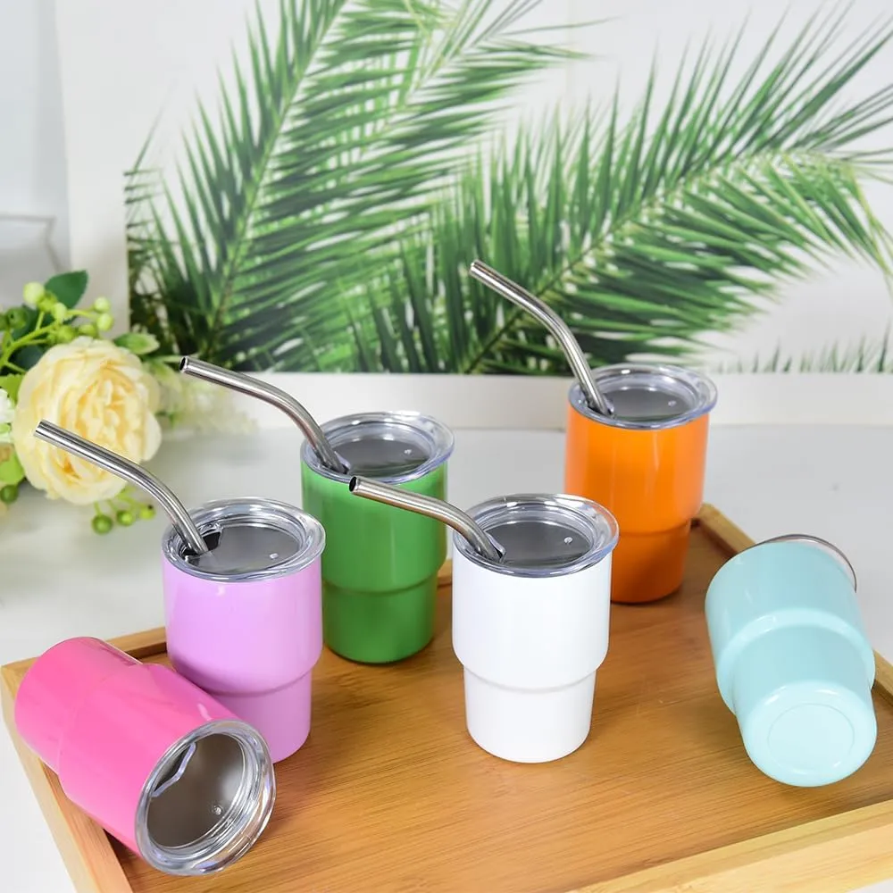 AGH 3 oz Mini Tumbler Shot Glass with Straw and Lid Colored Stainless Steel Sublimation Tumblers Double Wall Vacuum Insulated Cups, 6 Pack