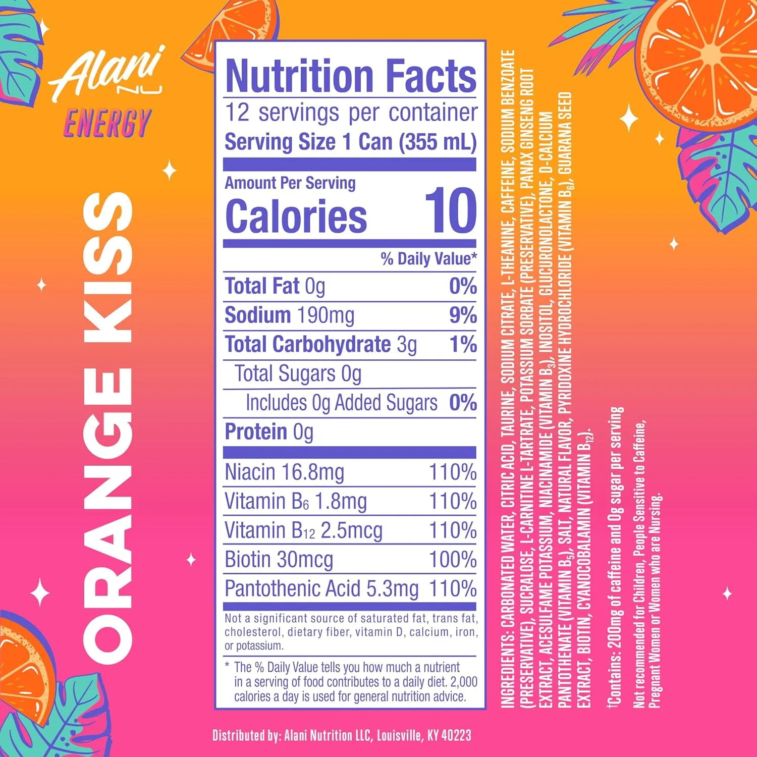 Alani Nu Orange Kiss Sugar Free, Low Calorie Energy Drinks | 200mg Caffeine | Pre Workout Performance with Antioxidants | Biotin B Vitamins | Zero Sugar | 15 Calories or Less | 12 Fl Oz Cans (24 Pack)