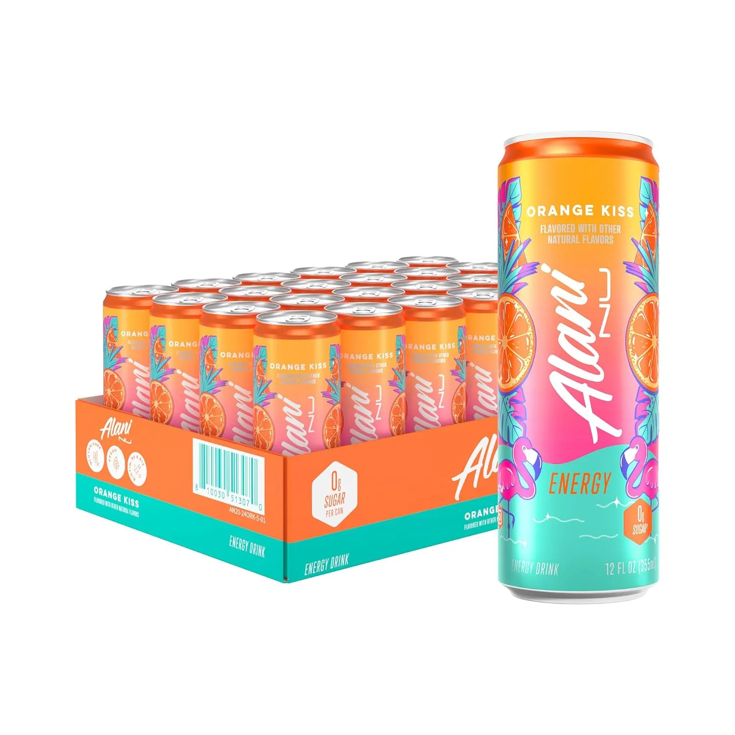 Alani Nu Orange Kiss Sugar Free, Low Calorie Energy Drinks | 200mg Caffeine | Pre Workout Performance with Antioxidants | Biotin B Vitamins | Zero Sugar | 15 Calories or Less | 12 Fl Oz Cans (24 Pack)