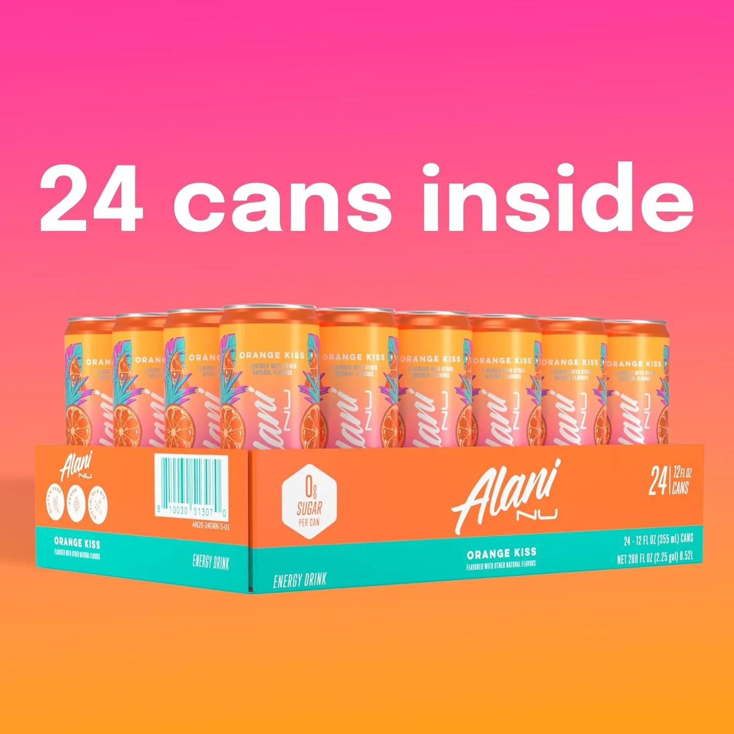 Alani Nu Orange Kiss Sugar Free, Low Calorie Energy Drinks | 200mg Caffeine | Pre Workout Performance with Antioxidants | Biotin B Vitamins | Zero Sugar | 15 Calories or Less | 12 Fl Oz Cans (24 Pack)