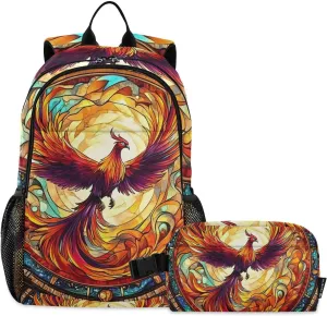 ALAZA Phoenix Fire Wing Bird Stained Glass Backpack and Lunch Bag Set for Girls Boys Kids School Bag Bookbags Elementary Back Pack Casual Daypack
