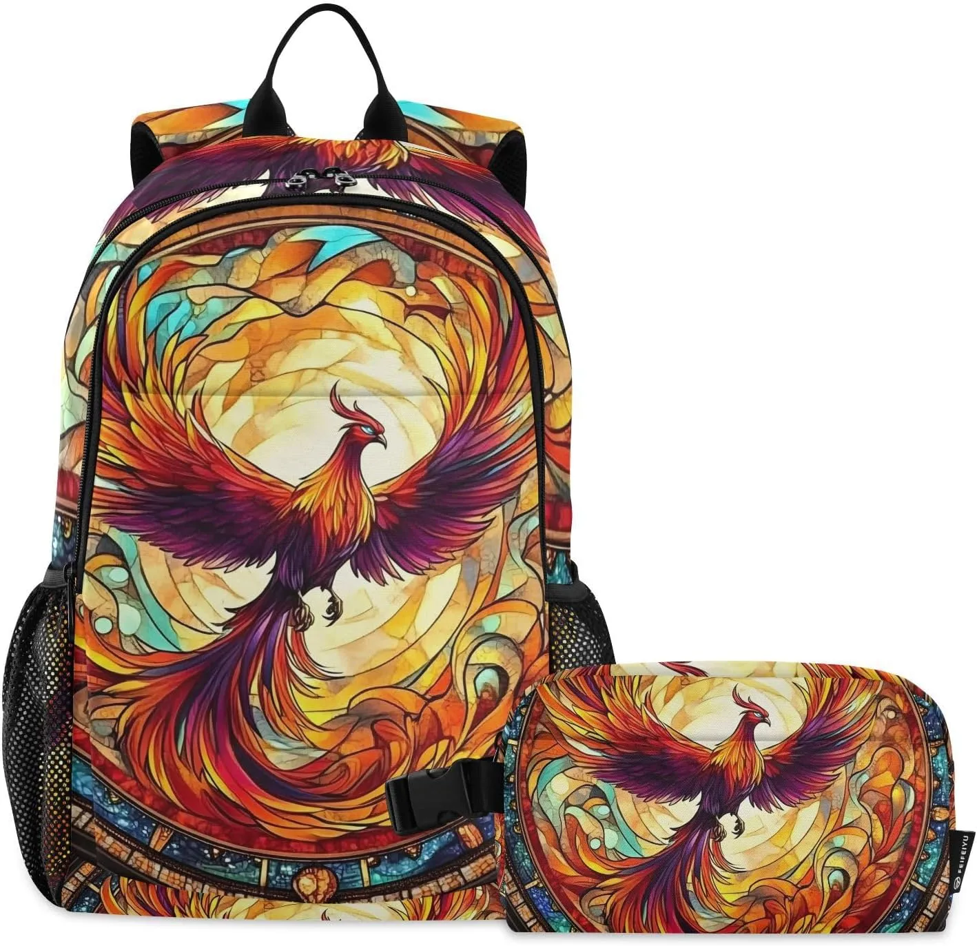 ALAZA Phoenix Fire Wing Bird Stained Glass Backpack and Lunch Bag Set for Girls Boys Kids School Bag Bookbags Elementary Back Pack Casual Daypack