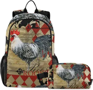 ALAZA Rooster Vintage Domestic Backpack and Lunch Bag Set for Girls Boys Kids School Bag Bookbags Elementary Back Pack Casual Daypack