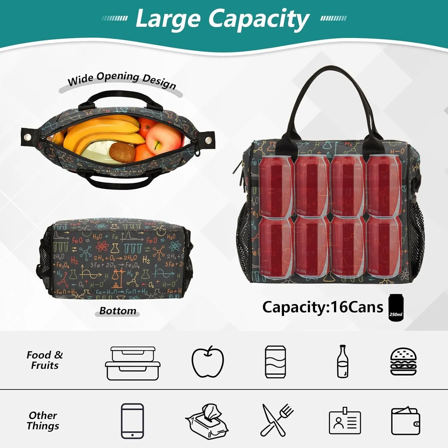 ALAZA Science Chemistry Laboratory 4 Lunch Bag Women Lunch Box Insulated Cooler Tote Bag Reusable Lunchbox with Shoulder Strap for Work Picnic