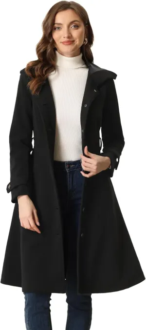 Allegra K Winter Coat for Women's Single Breasted Hooded Trench Coat Long Sleeve Overcoat with Pockets